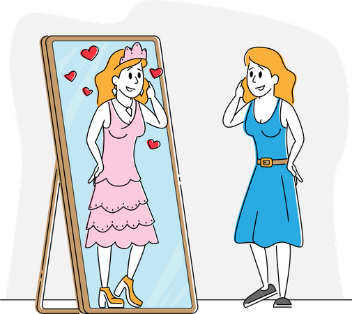 Young Woman in Casual Clothing Look in Big Mirror Imagine herself Queen of Beauty  Illustration