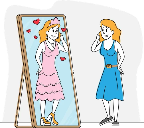 Young Woman in Casual Clothing Look in Big Mirror Imagine herself Queen of Beauty  Illustration