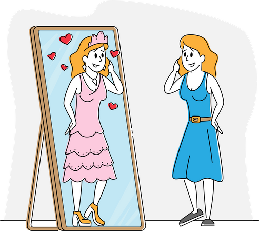 Young Woman in Casual Clothing Look in Big Mirror Imagine herself Queen of Beauty Illustration