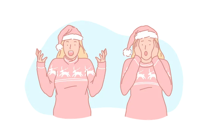Holiday Surprise Reaction Wonderstruck Concept Emotional Young Woman In Christmas Clothes Astonishment Expression Amazed Girl In Knitted Sweater And Santa Hat Simple Flat Vector Illustration
