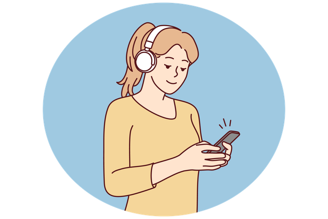 Young woman in earphones listen to music on cell  Illustration