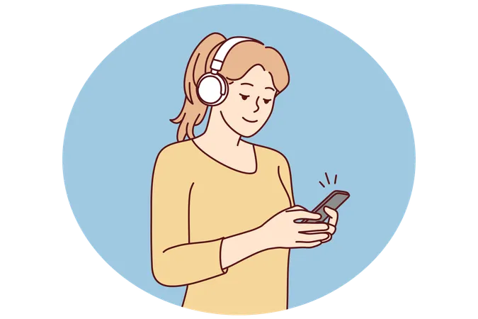Young woman in earphones listen to music on cell  Illustration