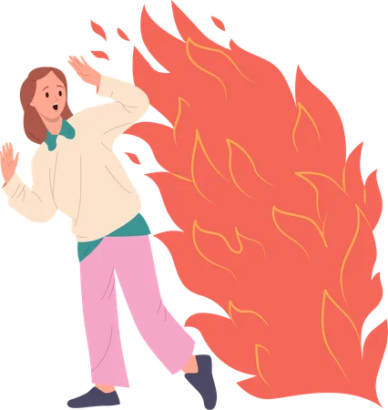 Young woman in fear running away from fire flame  Illustration
