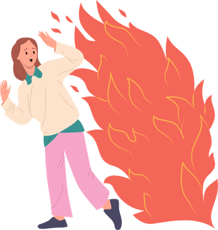 Young woman in fear running away from fire flame  Illustration