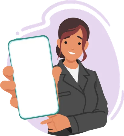 Elegant Young Woman In Formal Attire Displaying Smartphone Screen Female Character Confidently Presenting Information With A Captivating Smile And Professional Demeanor Cartoon Vector Illustration Illustration