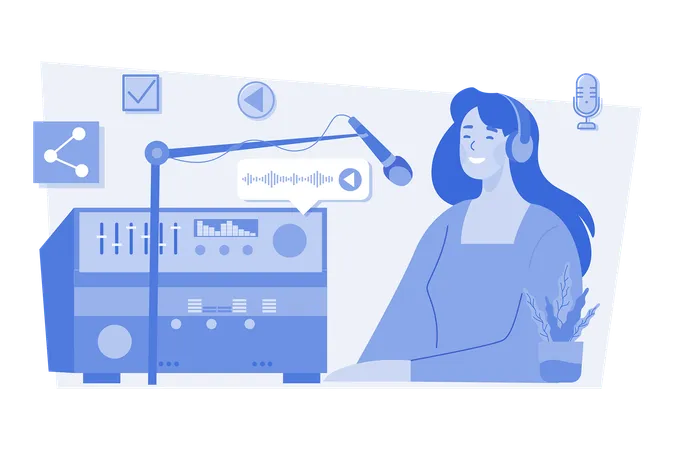 Young Woman In Headphones Singing In The Recording Studio  Illustration
