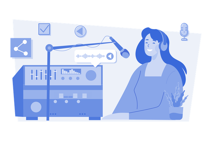 Young Woman In Headphones Singing In The Recording Studio  Illustration