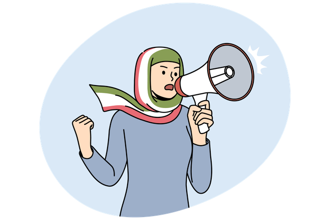 Young woman in hijab with Iranian flag scream in loudspeaker stand for female rights  Illustration