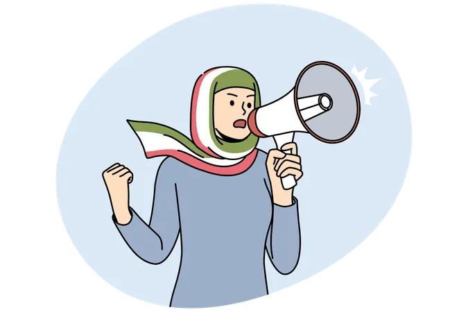 Young woman in hijab with Iranian flag scream in loudspeaker stand for female rights  Illustration