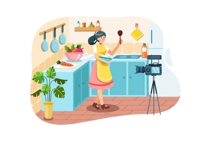 Young woman in kitchen recording new recipe video on camera  Illustration