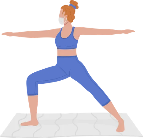 Young Woman In Mask Practicing Yoga Semi Flat Color Vector Character Full Body Person On White Workout For Stress Reducing Isolated Modern Cartoon Style Illustration For Graphic Design And Animation Illustration