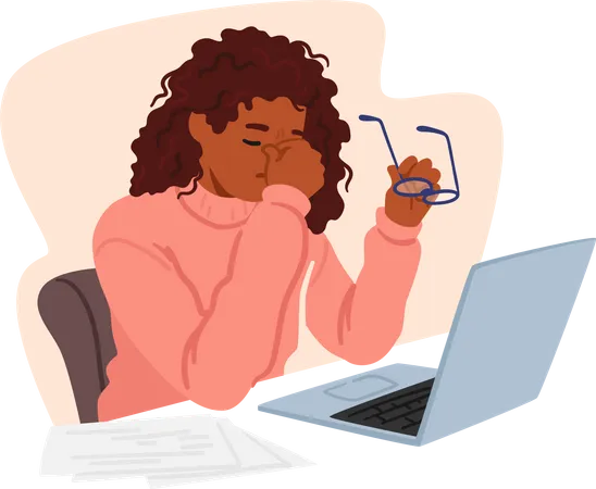 Young Woman In Office Attire Sits Front Of Pc At Desk Piled With Books Holding Glasses In One Hand While Rubbing Her Tired Eyes With The Other Showing Signs Of Exhaustion Cartoon Vector Illustration Illustration