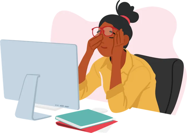 Young Woman In Office Clothes And Glasses Sits At Table With Computer Rubbing Her Tired Eyes Surrounded By A Cozy Well Lit Room Concept Of Vision Problems Or Tiredness Cartoon Vector Illustration Illustration