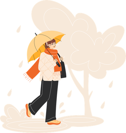 Young Woman in Red Coat Walking with Yellow Umbrella in Rainy Autumn Park  Illustration