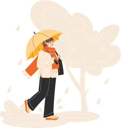 Young Woman in Red Coat Walking with Yellow Umbrella in Rainy Autumn Park  Illustration