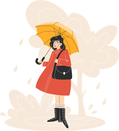 Young Woman in Red Coat Walking with Yellow Umbrella in Rainy Autumn Park  Illustration