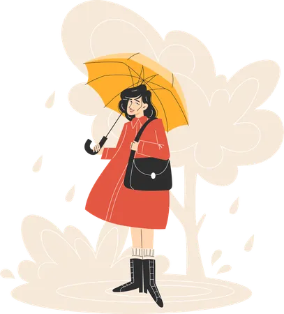 Young Woman in Red Coat Walking with Yellow Umbrella in Rainy Autumn Park  Illustration