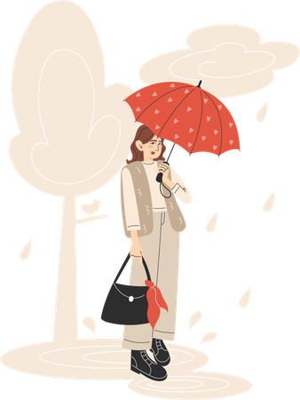 Young Woman in Red Coat Walking with Yellow Umbrella in Rainy Autumn Park  Illustration