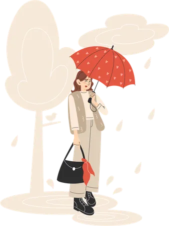 Young Woman in Red Coat Walking with Yellow Umbrella in Rainy Autumn Park  Illustration