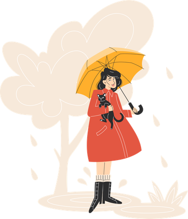 Young Woman in Red Coat Walking with Yellow Umbrella in Rainy Autumn Park  Illustration
