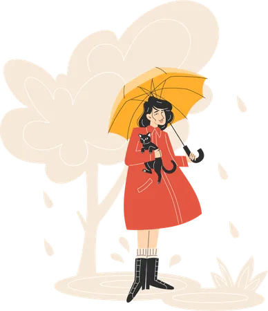 Young Woman in Red Coat Walking with Yellow Umbrella in Rainy Autumn Park  Illustration