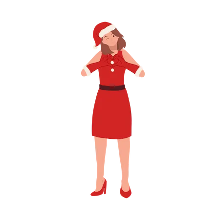 Young Woman in Santa Claus Costume and making heart shape  Illustration