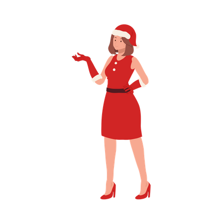 Young Woman in Santa Claus Costume showing something left  Illustration