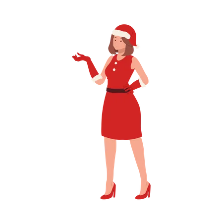Young Woman in Santa Claus Costume showing something left  Illustration