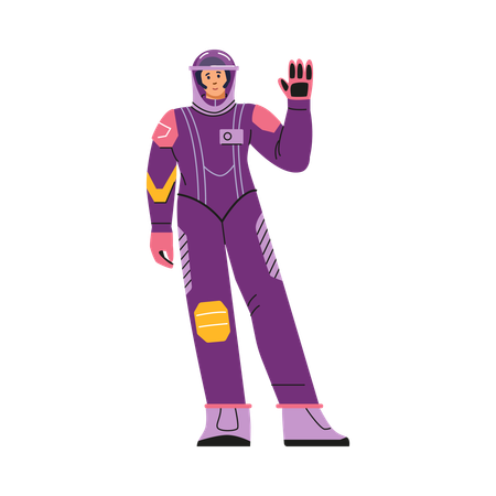 Young woman in spacesuit and helmet waving her hand  Illustration