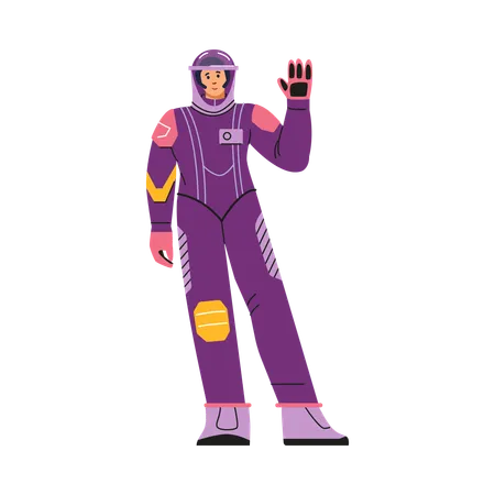 Young woman in spacesuit and helmet waving her hand  Illustration