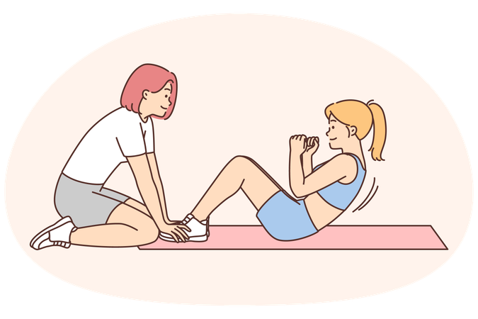 スポーツウェアを着てジムでコーチと一緒にトレーニングする若い女性  イラスト