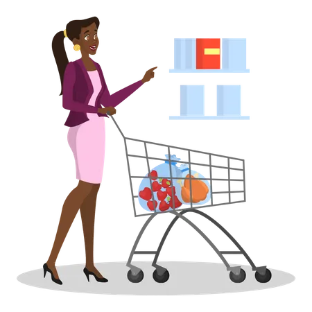 Young woman in suit walking with cart in grocery store  Illustration