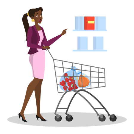 Young woman in suit walking with cart in grocery store Illustration