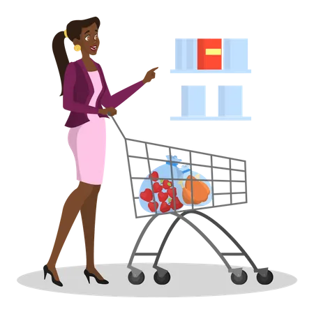 Young woman in suit walking with cart in grocery store Illustration