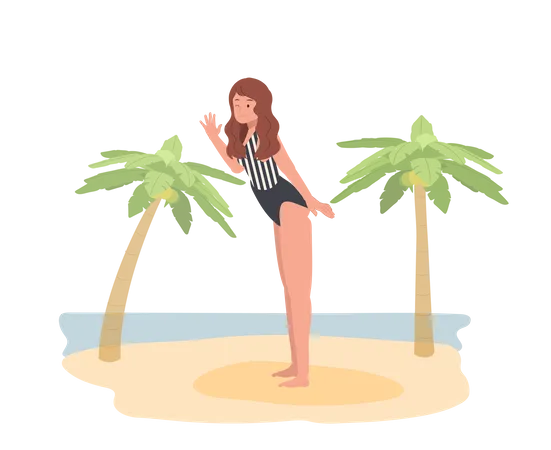 Young Woman In Swim Suit On The Beach Illustration