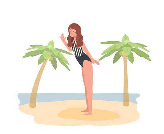 Young Woman In Swim Suit On The Beach  Illustration