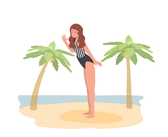 Young Woman In Swim Suit On The Beach  Illustration