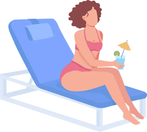 Young Woman In Swimsuit With Cocktail Semi Flat Color Vector Character Sitting Figure Full Body Person On White Summer Retreat Simple Cartoon Style Illustration For Web Graphic Design And Animation Illustration