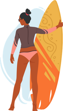 Young Woman In Swimsuit With Surfboard In Hands Standing On Beach  Illustration