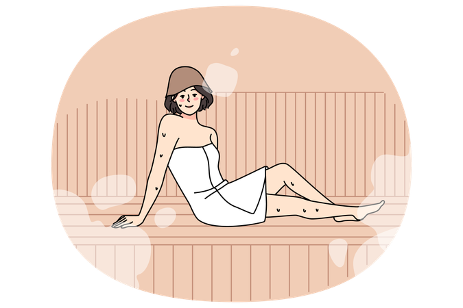 Young woman in towel relax in sauna  Illustration