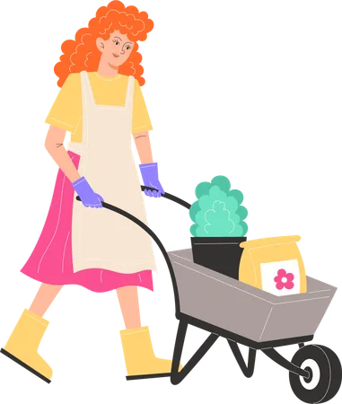 Young woman is carrying a cart with potted plants and fertilizer  Illustration