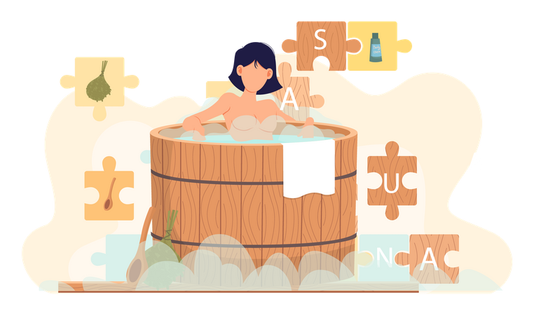 Young woman is sitting in wooden tub Illustration