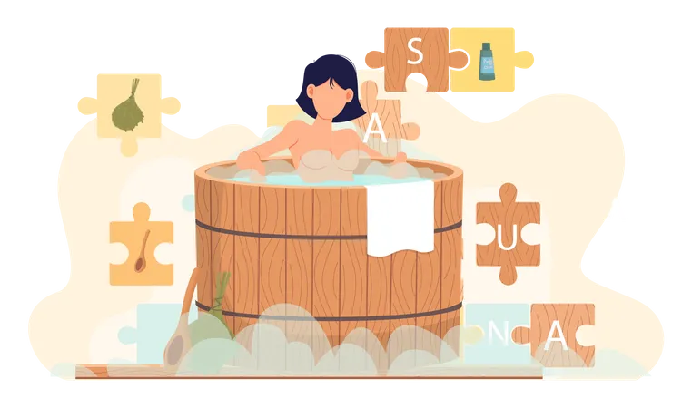 Young woman is sitting in wooden tub Illustration