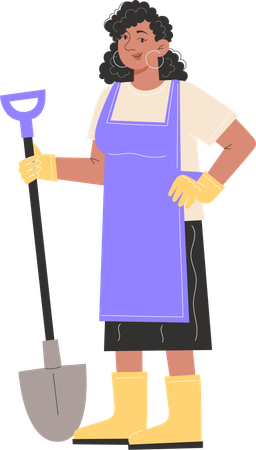 Young woman is standing in gardening clothes and holding a spade  Illustration