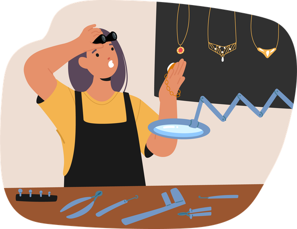 Young woman jeweler looking at pendant with open mouse and shock on face indicating defect  Illustration