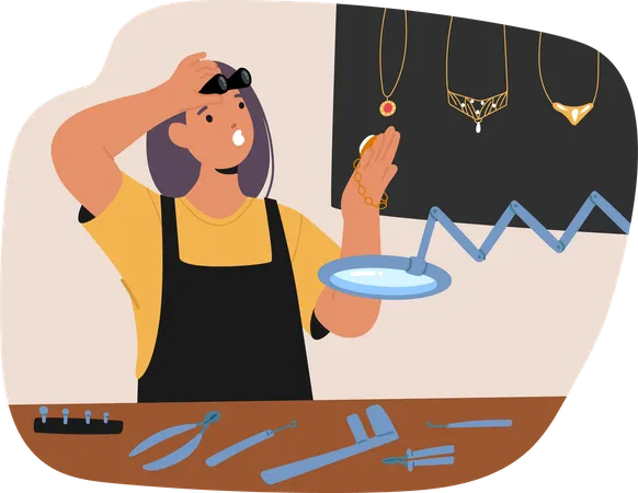 Young woman jeweler looking at pendant with open mouse and shock on face indicating defect  Illustration