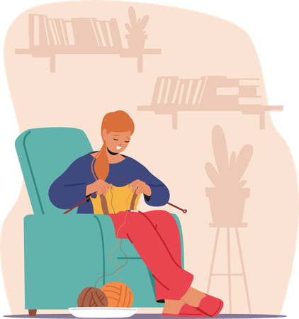 Young Woman Knitting Sweater  Illustration