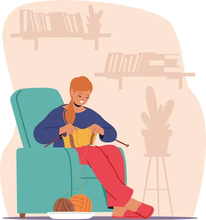 Young Woman Knitting Sweater  Illustration