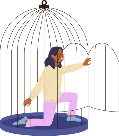 Young woman leaving cage escaping trap opening door  Illustration