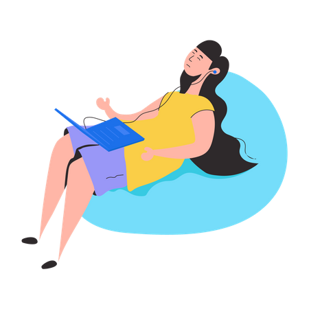 Young woman listening music using laptop  Illustration